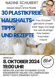 Plakat zum Vortrag von Nadine Schubert: 30 plastikfreie Haushalts-Tipps und Rezepte